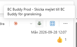 Outlook på webben: knappen BC Buddy Prod i mejlhuvudet med förklaringen Skicka mejlet till BC Buddy för granskning.